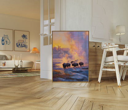 Bison Herd in Geysers Poster