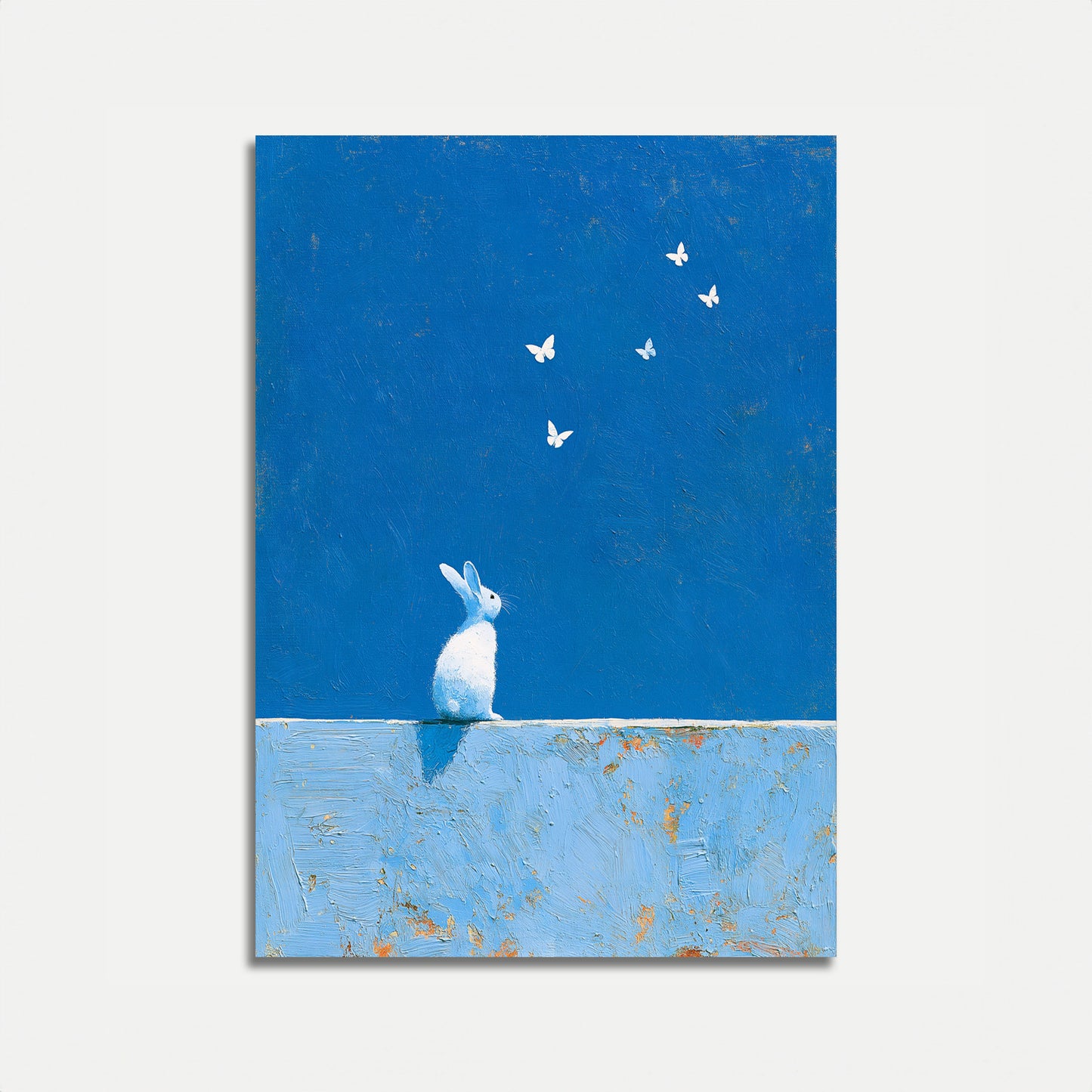 Poster coniglio bianco che guarda farfalle