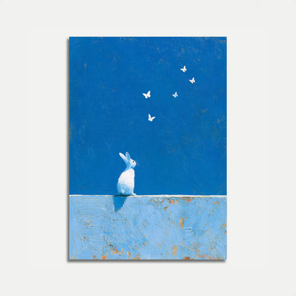 Poster coniglio bianco che guarda farfalle