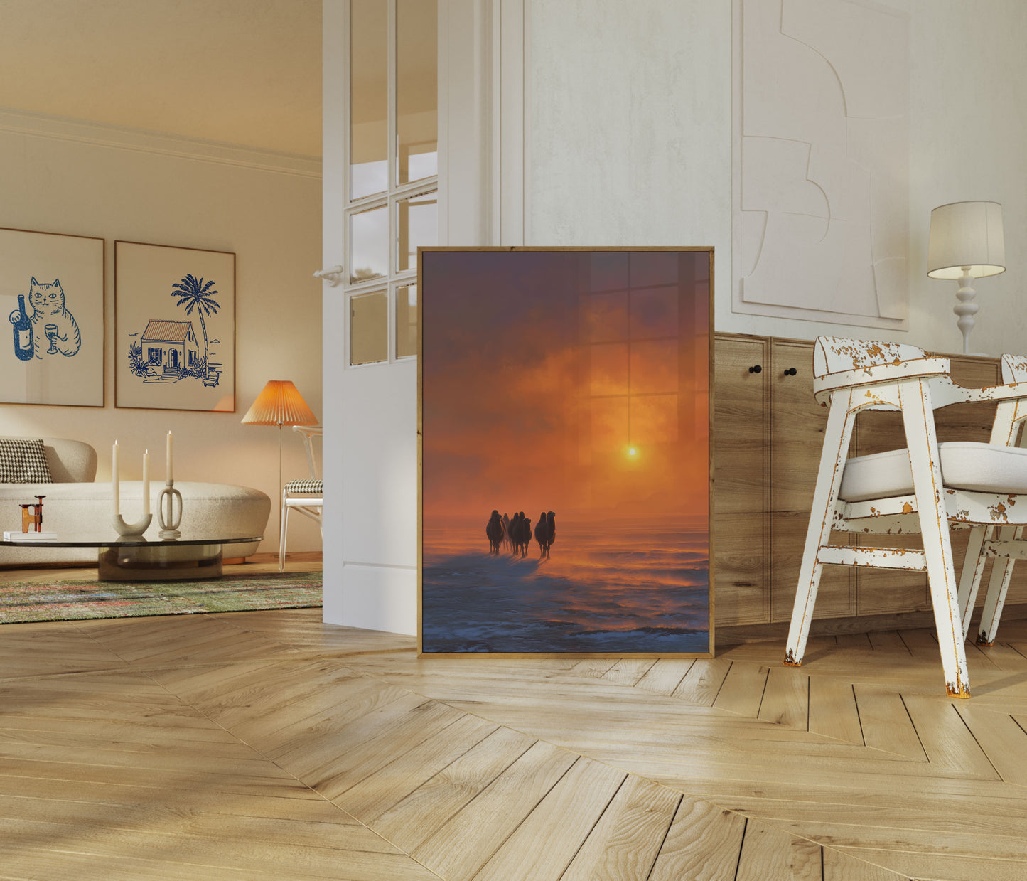 Camels in Desert Sunset Poster