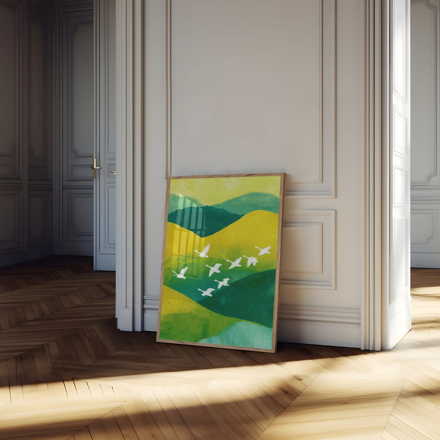 Flying Birds Over Rolling Hills Poster