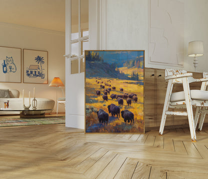 Buffalo Kudde Gouden Grasveld Poster
