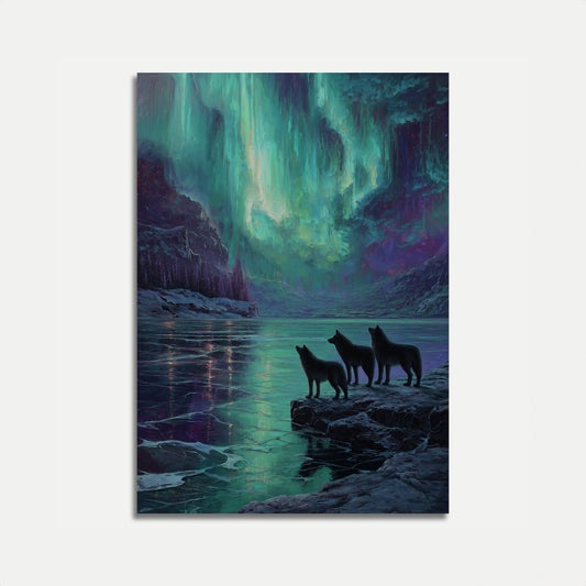 Wolves Under Northern Lights Poster