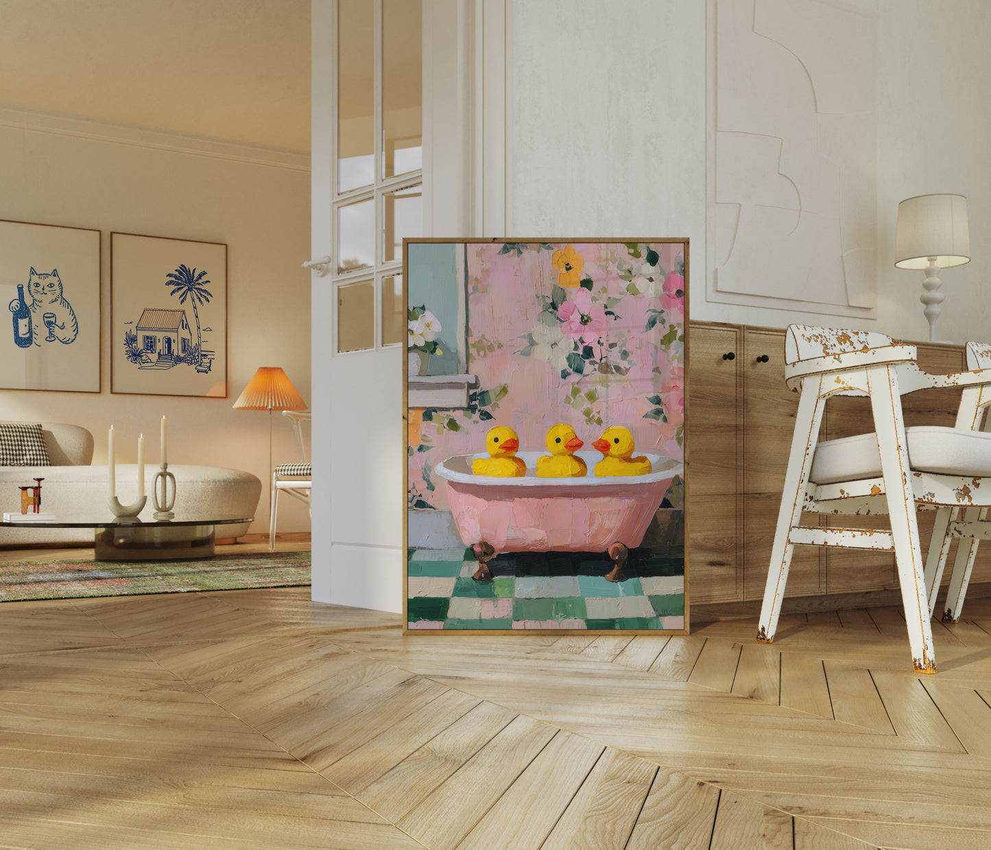 Pôster de Três Patos em Banheira Rosa