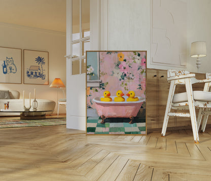 Pôster de Três Patos em Banheira Rosa