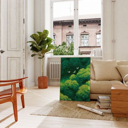 Birds Over Lush Forest Poster