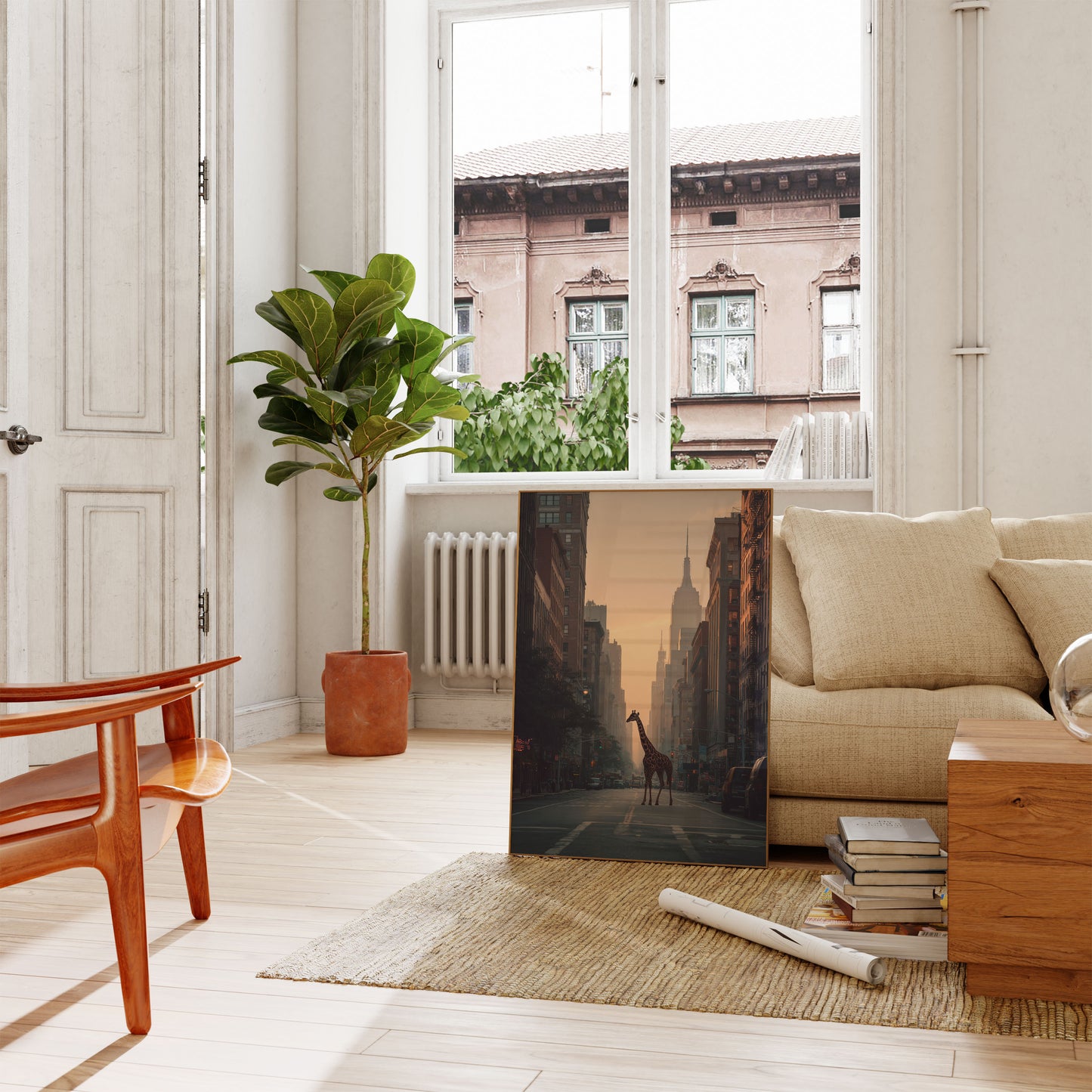 Póster de jirafa en la jungla urbana