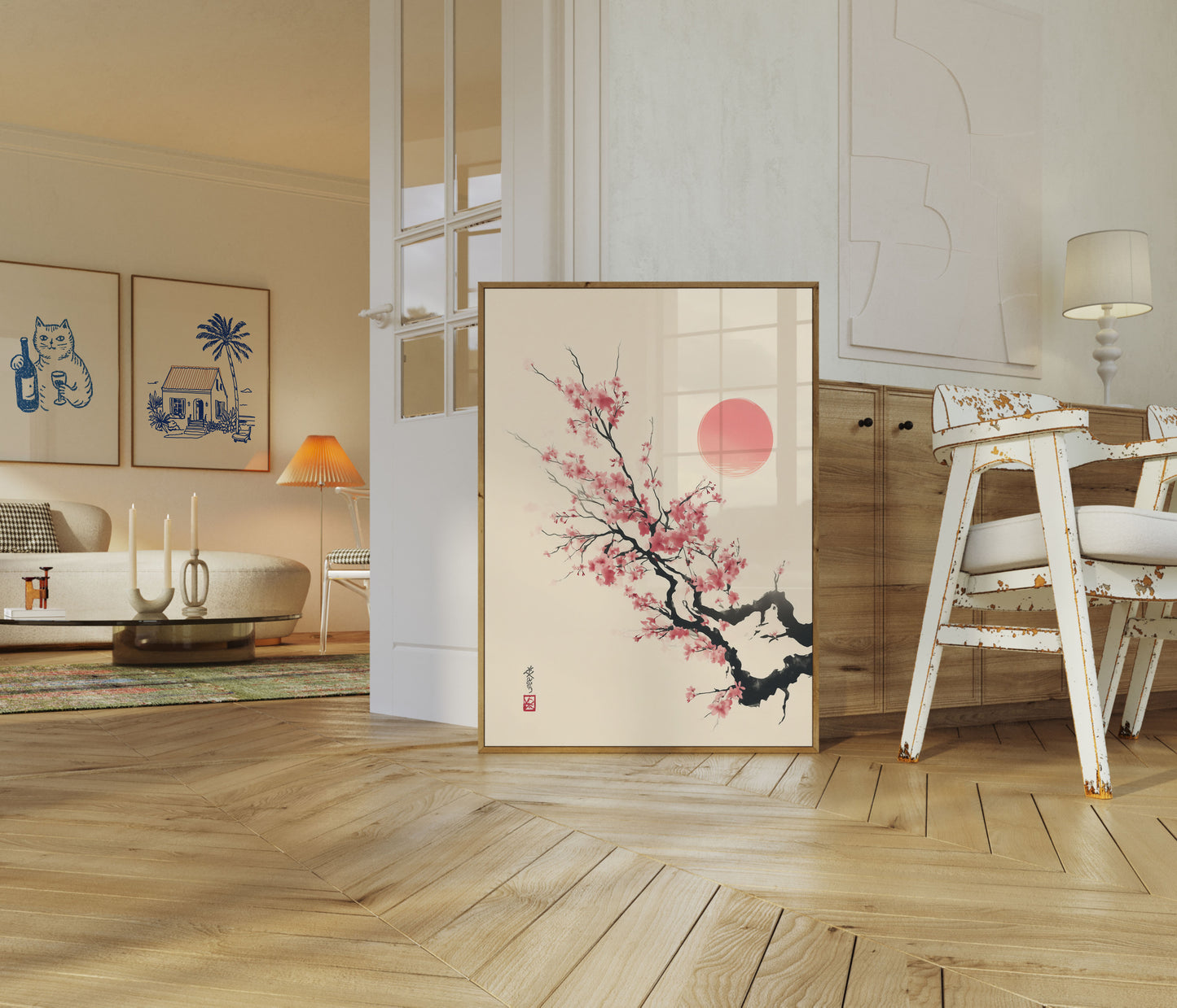 Póster de un sereno atardecer en flor de cerezo