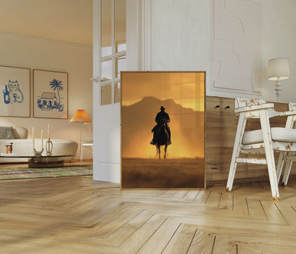 Sonnenuntergang-Reiter Western-Poster