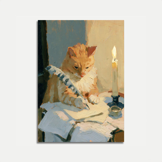 Affisch: Katt läser vid stearinljus