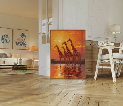 Affiche Girafes au Coucher de Soleil Doré