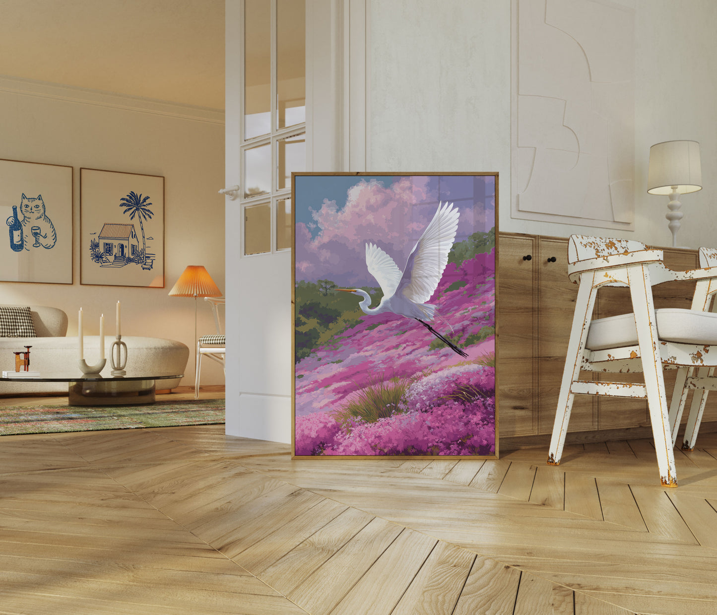 White Heron in Flowering Meadow Poster