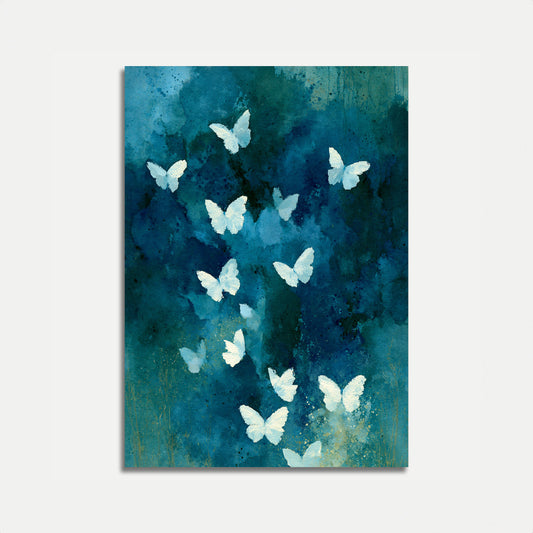 Weiße Schmetterlinge auf blauem Poster