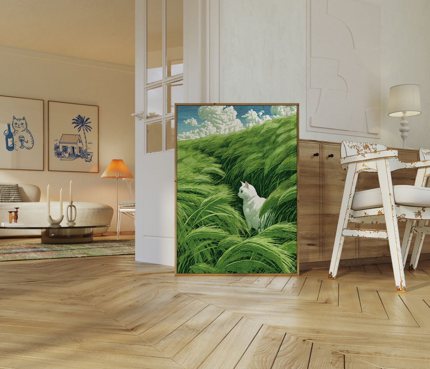 Witte Kat in Grasland Poster