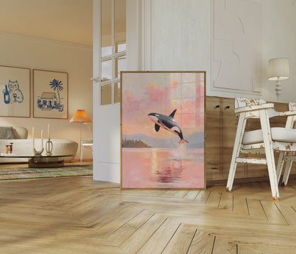 Orca Jumping at Sunset Poster