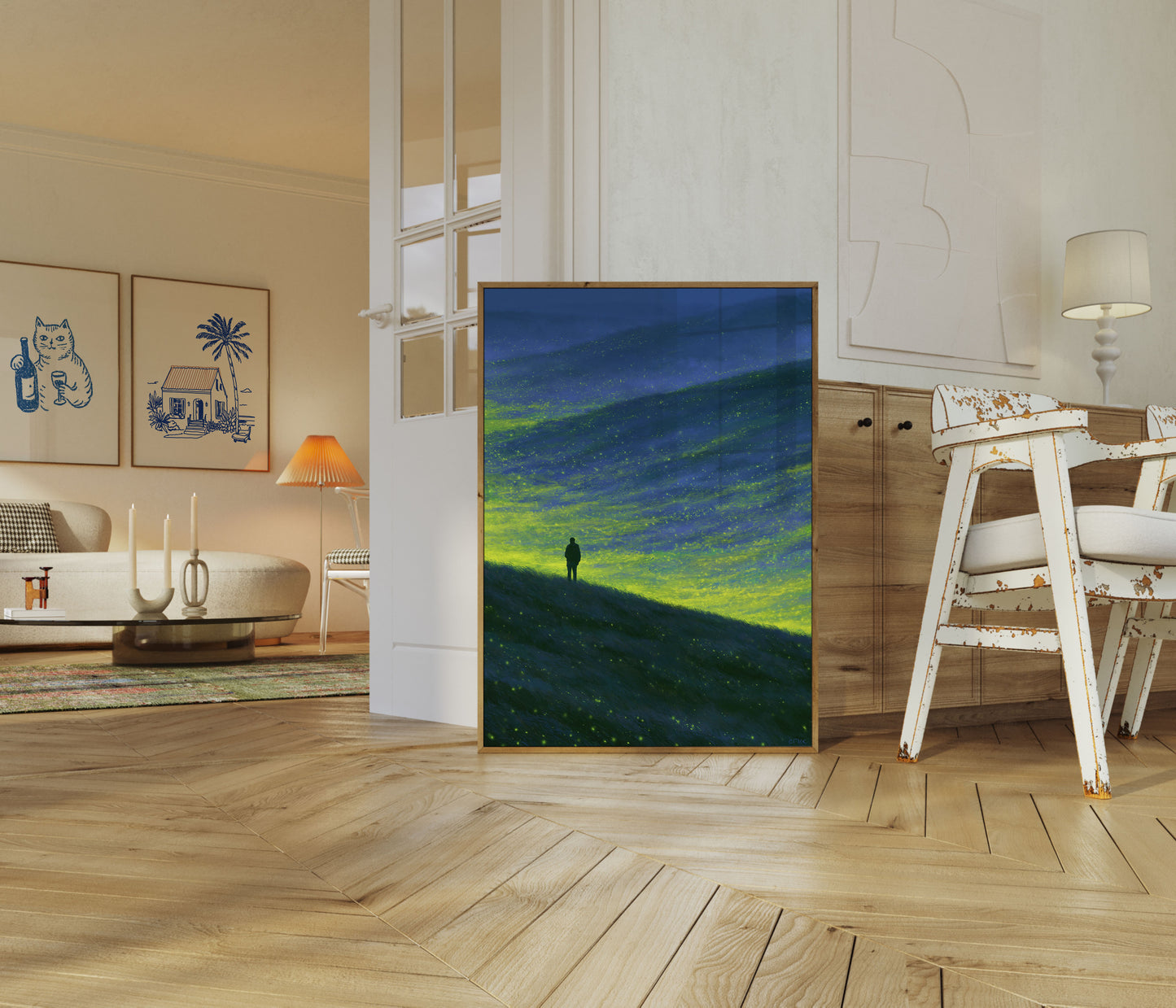 Plakat: Einsamer Wanderer unter glühendem Himmel