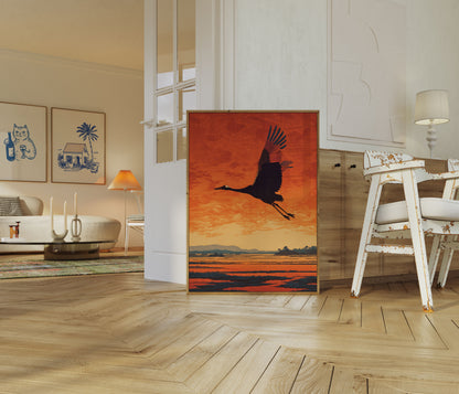 Póster de Grúa Despegando al Atardecer