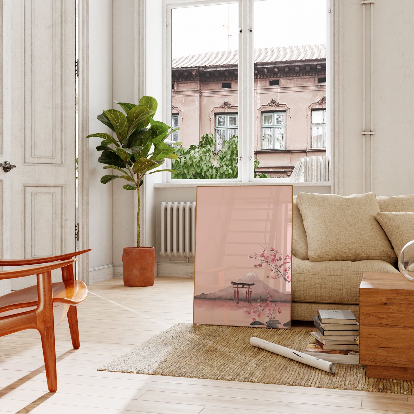 Póster de paisaje de montaña con cerezos en flor