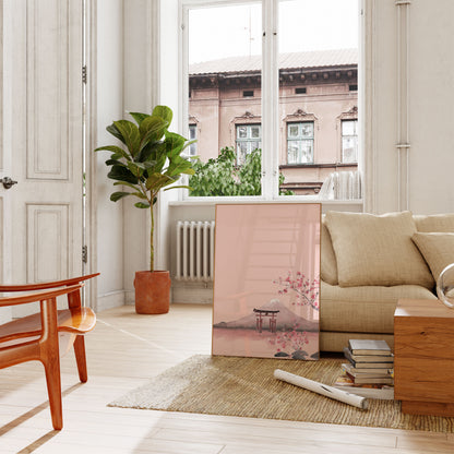 Póster de paisaje de montaña con cerezos en flor
