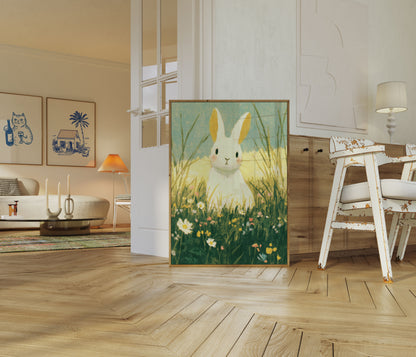 Affiche Lapin Blanc dans Prairie Fleurie