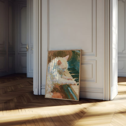 White Cat on Wooden Dock Poster