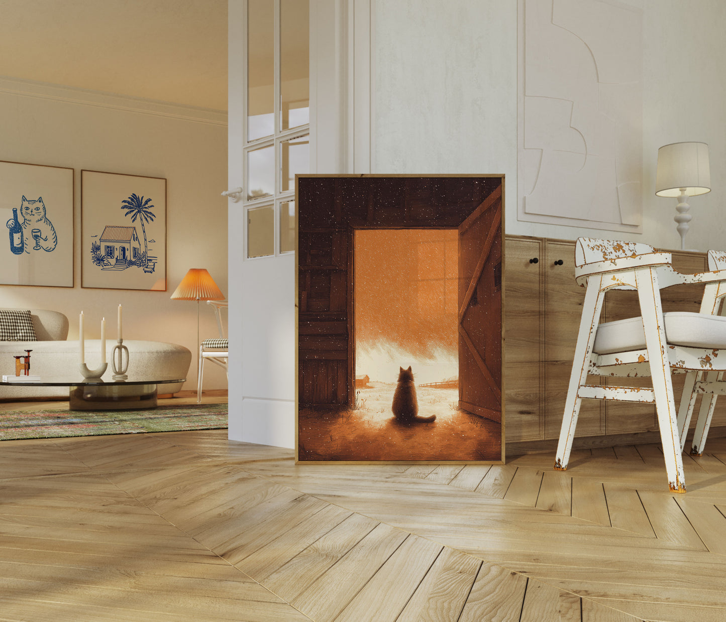 Katze beobachtet Winterschnee Poster