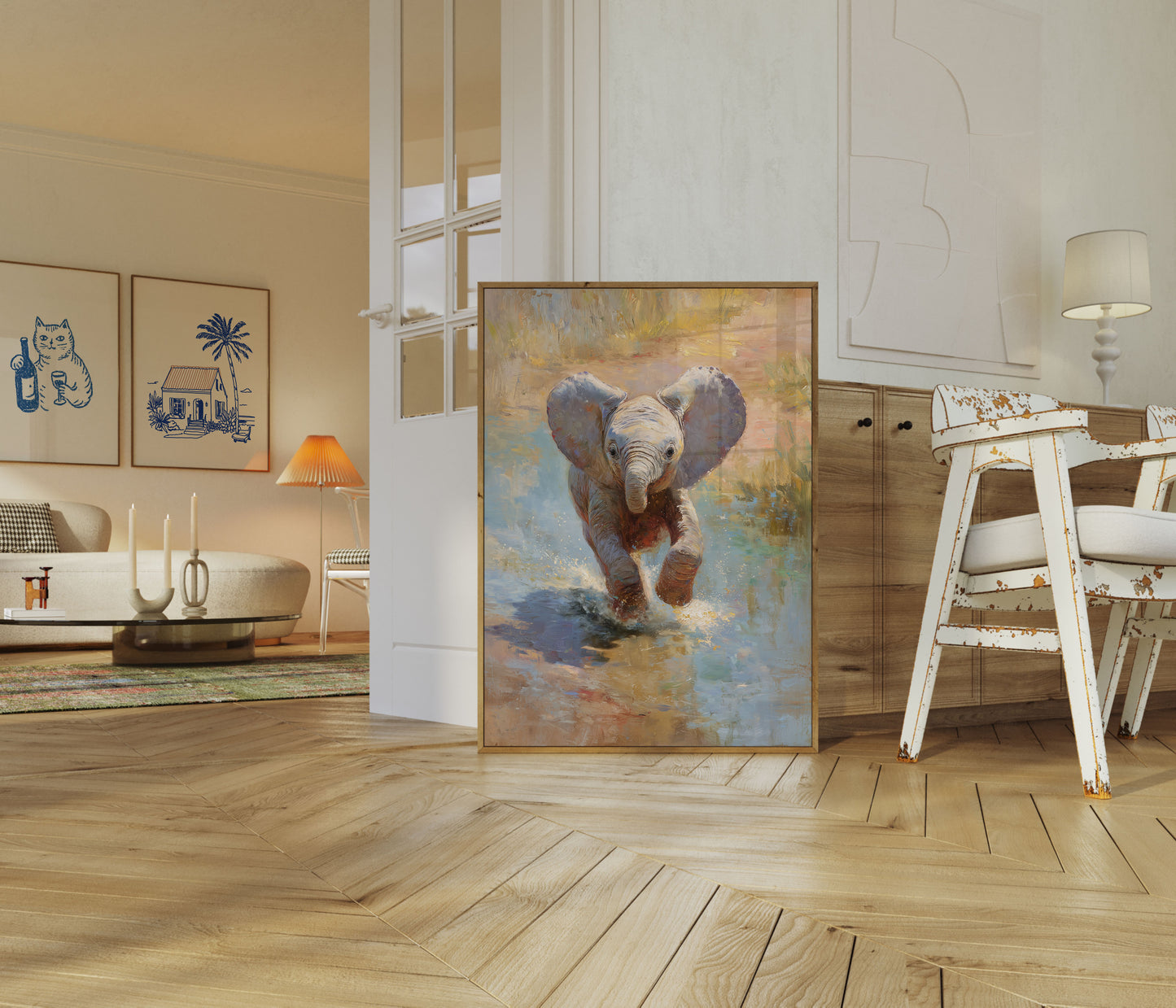Affiche de Jeune Éléphant Jouant dans l'Eau
