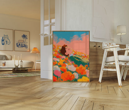 Woman in Wildflower Meadow Poster