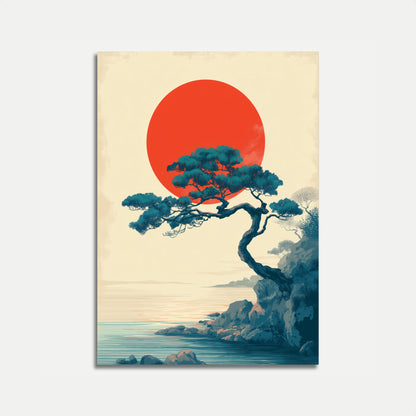 Póster de paisaje de bonsái con sol carmesí