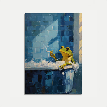 Póster Azul de Rana Fumando en Pared