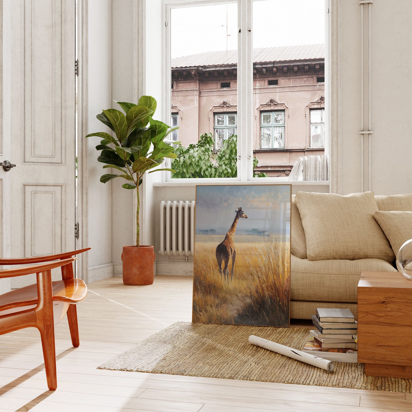 Póster de jirafa serena de la sabana