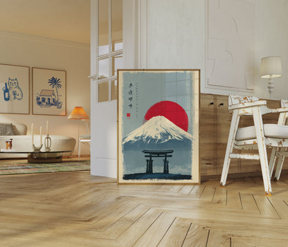 Póster del Monte Fuji con el amanecer carmesí
