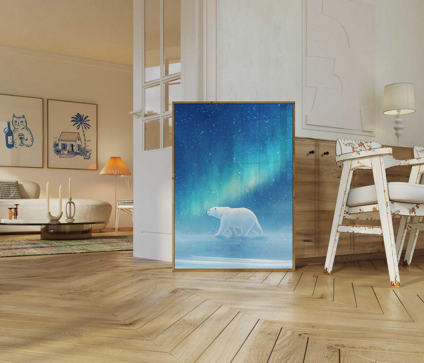 Póster de oso polar con aurora ártica