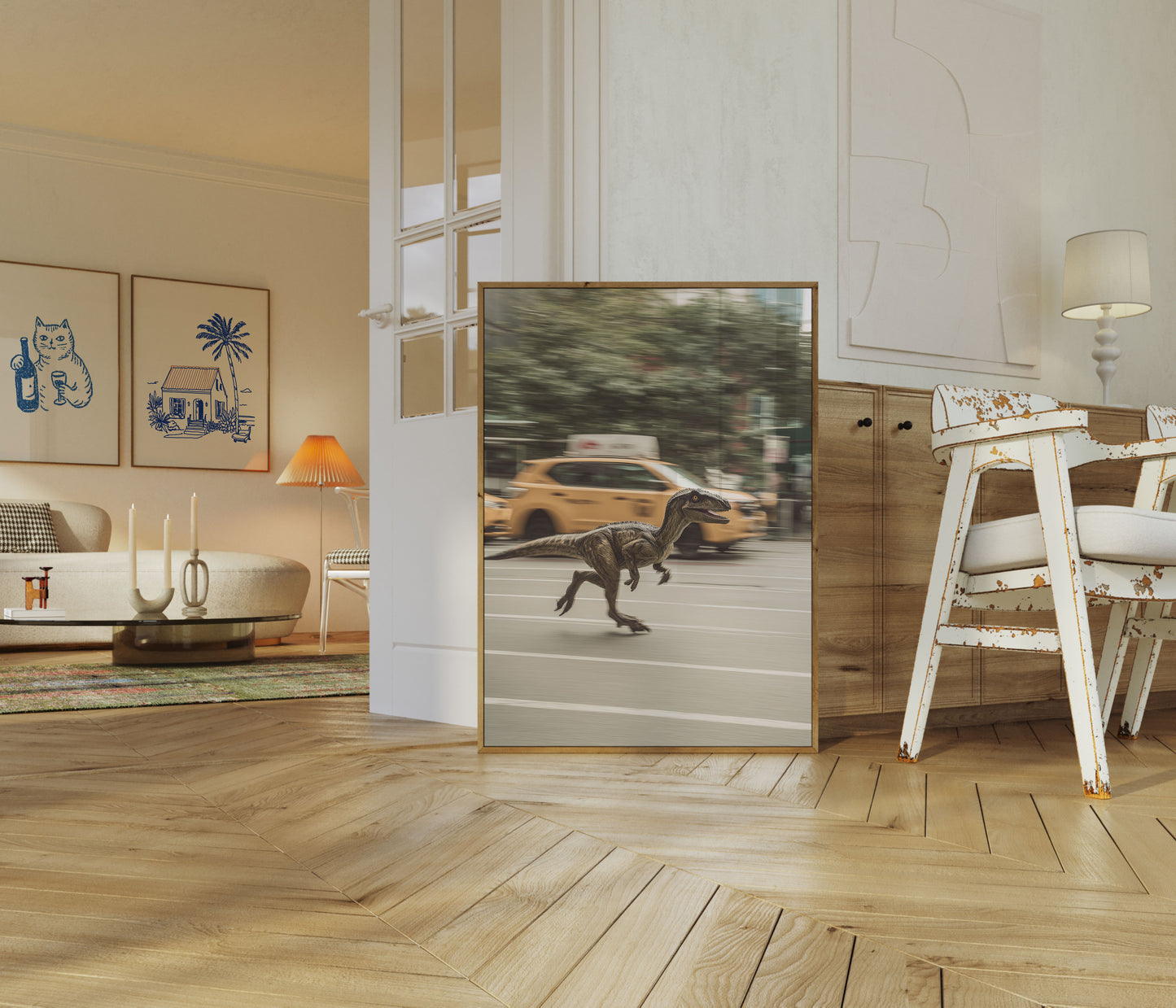 Póster de carreras de dinosaurios en las calles de la ciudad