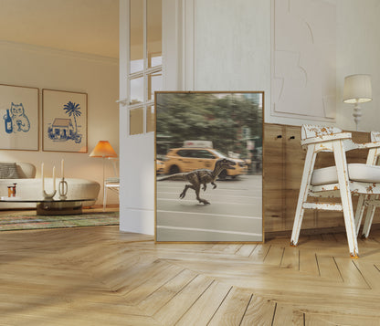 Póster de carreras de dinosaurios en las calles de la ciudad