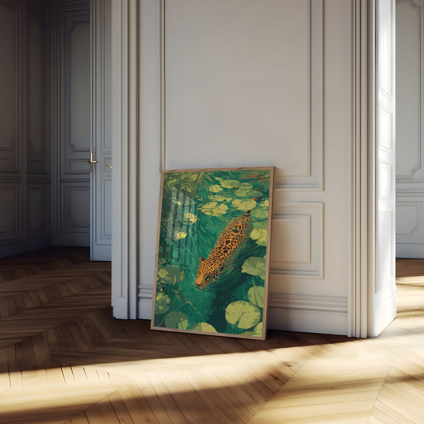 Jaguar Swimming Lily Pond Poster