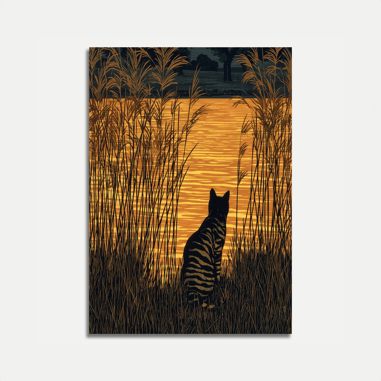 Cat Watching Golden Sunset Poster