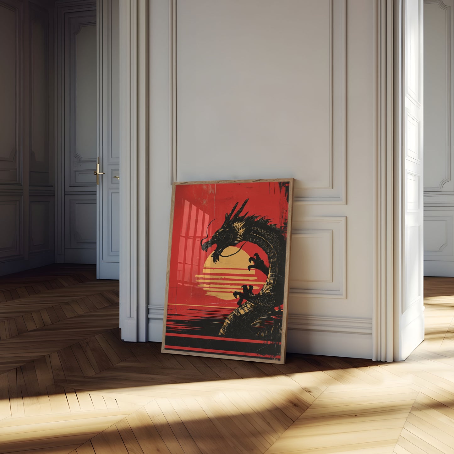 Póster del atardecer del dragón carmesí