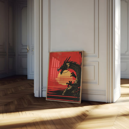 Póster del atardecer del dragón carmesí