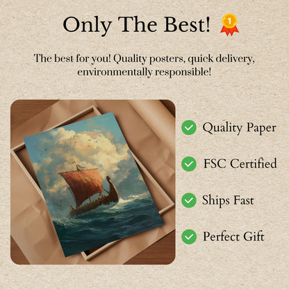 Póster de viaje oceánico en barco vikingo