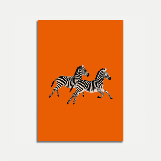 Running Zebras Orange Background Poster