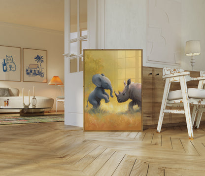 Jonge Olifant ontmoet Neushoorn Poster