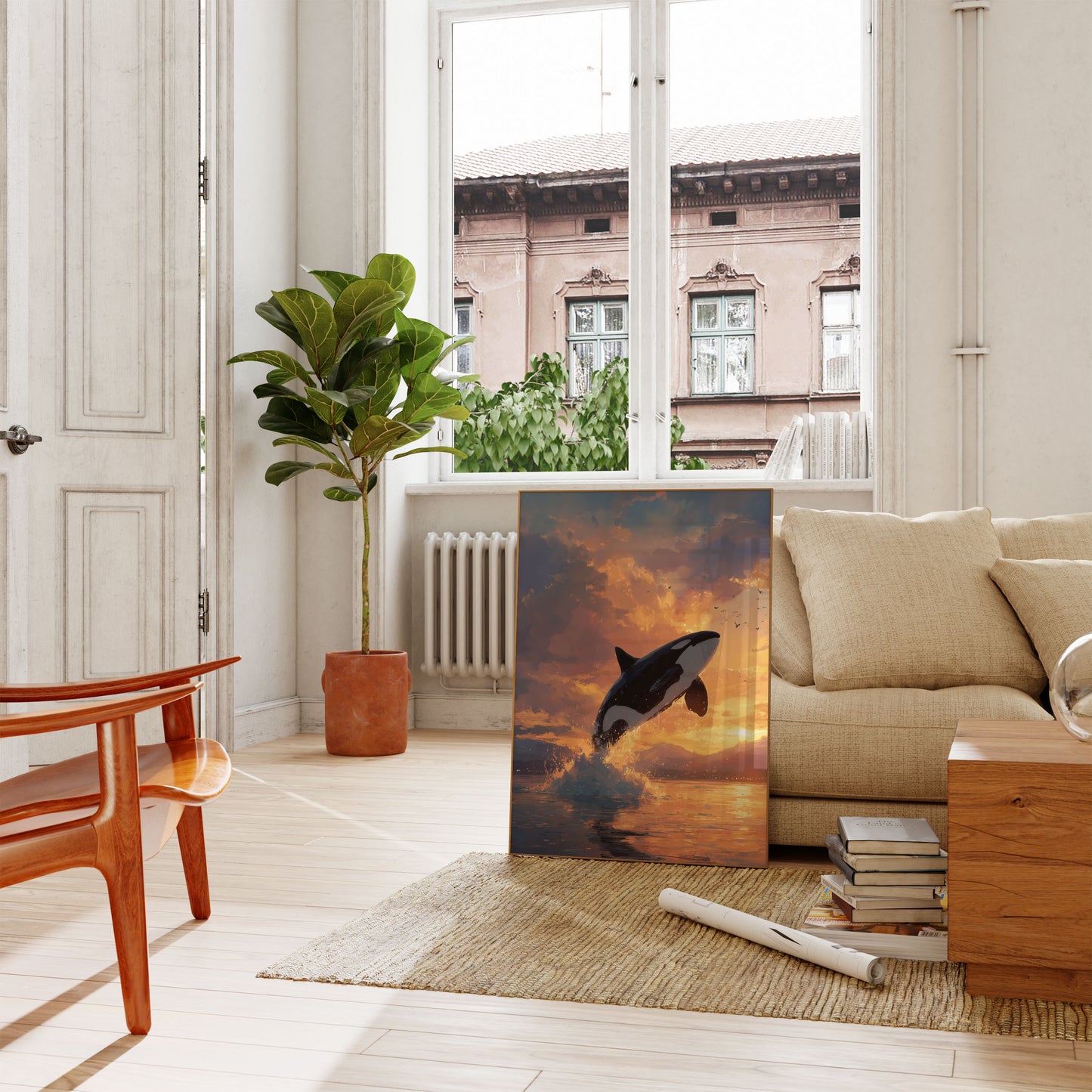 Majestic Orca Sunset Leap Poster