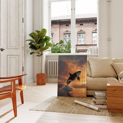 Majestic Orca Sunset Leap Poster