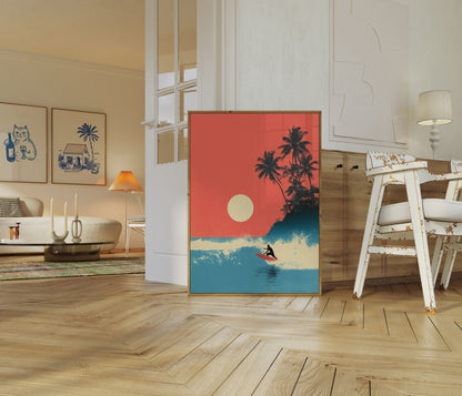 Tropical Sunset Surfing Poster