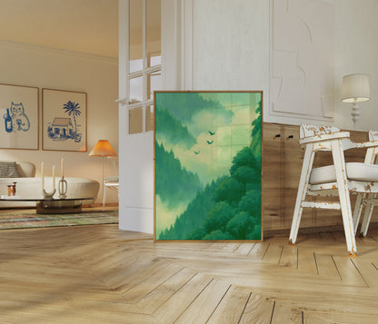 Birds Flying Through Forest Canyon Poster