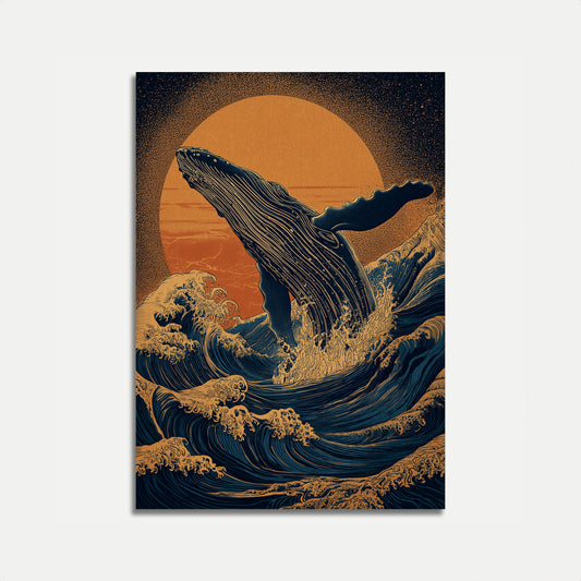 Pôster do Pôr do Sol com Baleia Saltando no Oceano