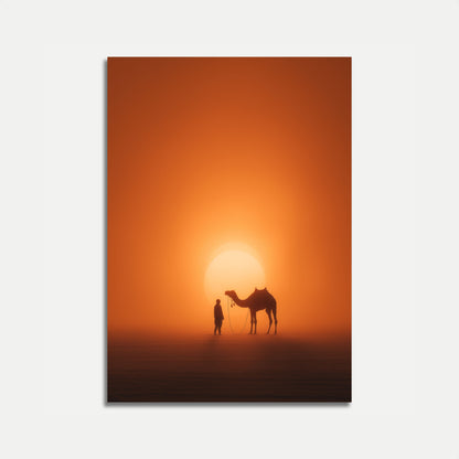 Plakát s siluetou velblouda při západu slunce v poušti