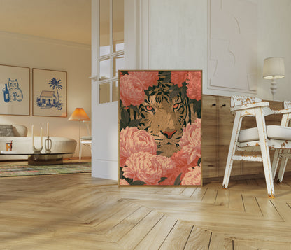 Tiger Among Pink Peonies Poster