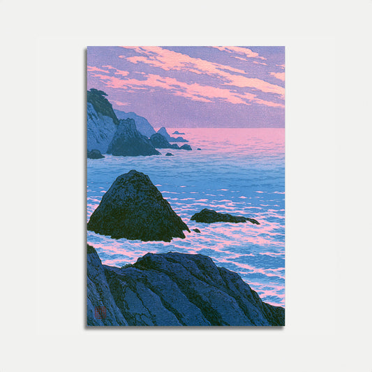 Plakat: Kyst med klipper ved solnedgang